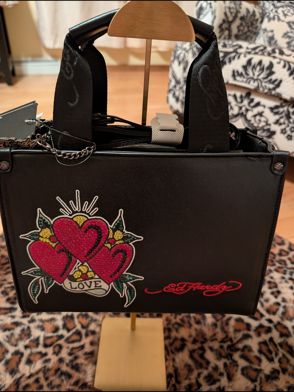 Ed Hardy Black Tote Bag with Red Heart Patch
